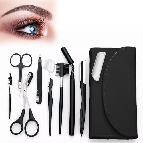 8-in-1 Eyebrow Grooming Kit with Trimmer Scissors Tweezers Brush Dermaplaning Travel Case