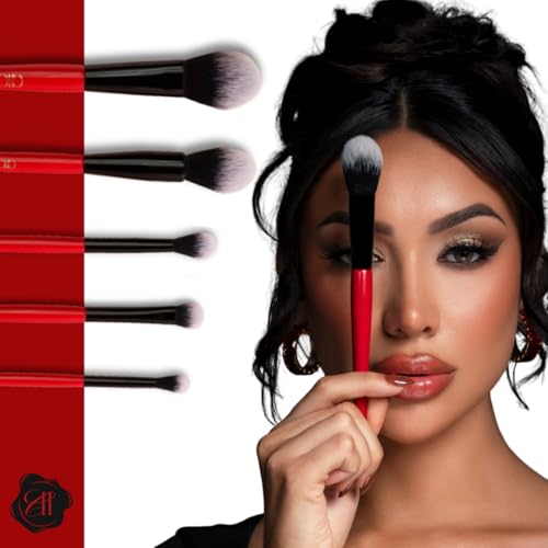 Professional Makeup Brush Set, 5-Piece, Ombre Bristles, Vegan, Red-Black Handle with Gold Branding