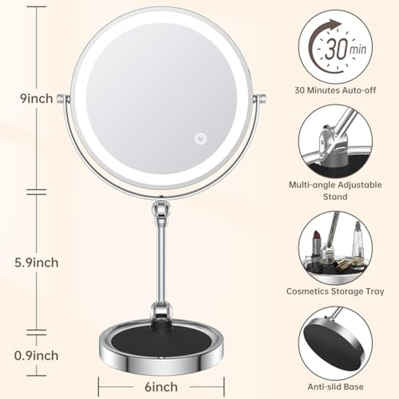 9" Makeup Mirror with Lights and Magnification,4000 mAh Rechargeable Lighted Makeup Mirror,10X Magnifying Mirror with Light and Touch Switch, 360¡Æ Rotation Vanity Mirror with 3 Color Light