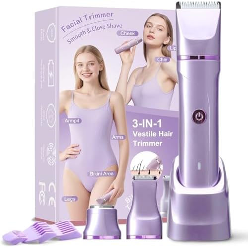 Bikini Trimmer for Women, 3-in-1 Electric Razors for Women, IPX7 Waterproof Rechargeable Cordless Pubic Hair Shaver for Ladies Bikini Pubic, Face, Underarms, Legs