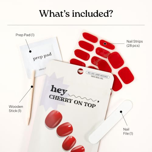 Heyhae Semi-Cured Gel Nail Strips - Solid Red (28 Count Kit, Sun-Cured)