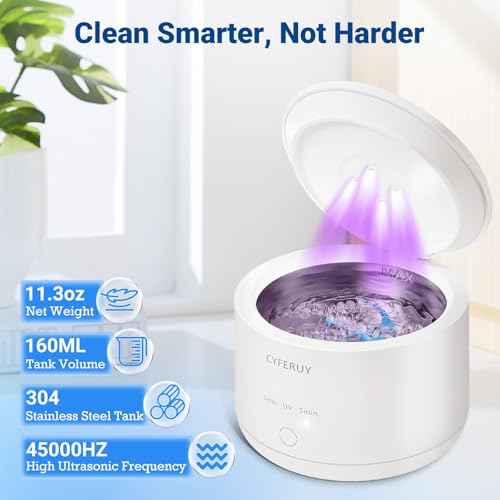 Ultrasonic Retainer Cleaner - 45kHz Retainer Cleaner Machine Dental Cleaning Pod for Dentures, Mouth Guard, Night Guard, Toothbrush Heads, Jewelry with 3 Modes & 160ML Capacity