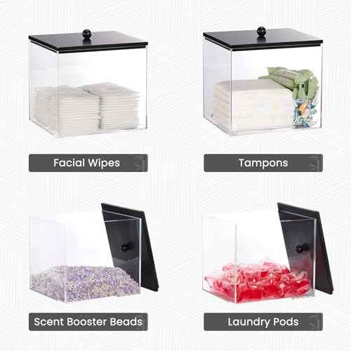 Puricon Acrylic Disposable Facial Towels Holder, Clear Storage Bin with Wood Lid Compatible with Clean Skin Club Towel (NOT Included), Face Towelettes Container for Bathroom Counter -Black