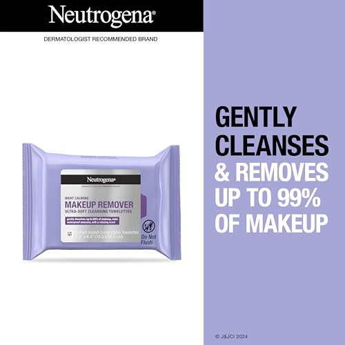 Neutrogena Night Calming Cleansing Makeup Remover Face Wipes, Nighttime Facial Towelettes to Remove Sweat, Dirt & makeup, Leaves Skin Feeling Calm, Alcohol-Free, 100% Plant Based Cloth, 25 ct