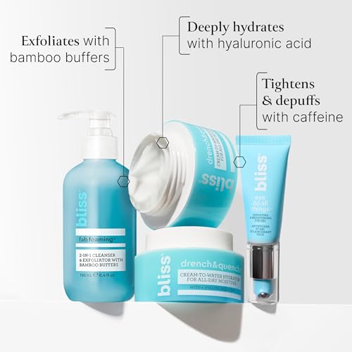 Bliss Essentials Skincare Kit - Eye Do All Things Hydrating Eye Gel, Drench & Quench Hyaluronic Acid Face Moisturizer & 2-in-1 Foaming Facial Cleanser and Exfoliator