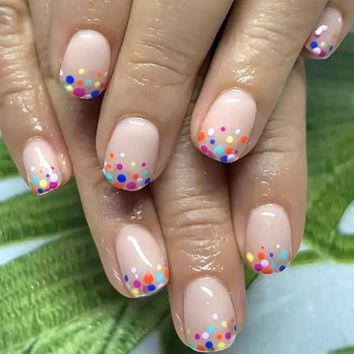 Colorful Polka Dot Press On Nails Short Square – GCSQW 24Pcs Reusable French Dots Design