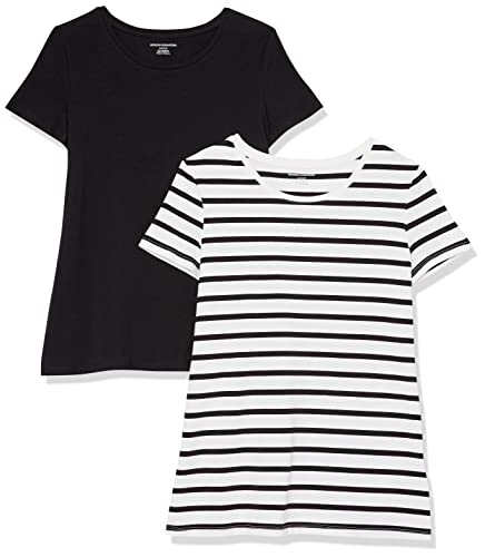 Amazon Essentials Women's Classic-Fit Short-Sleeve Crewneck T-Shirt, Pack of 2, Black/White Stripe, X-Small