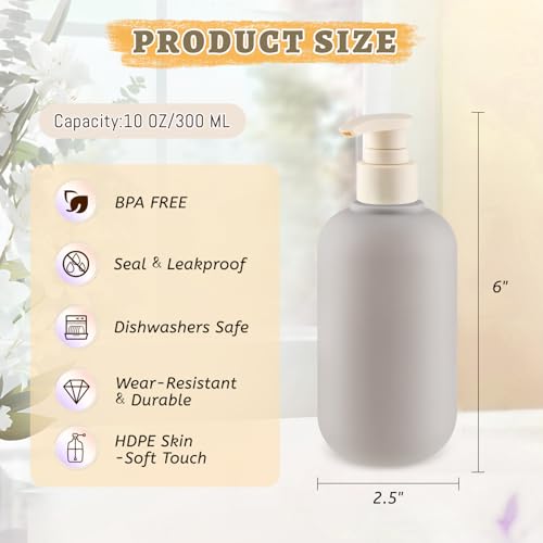 6 Pcs 10 oz Soft Plastic Bottles with Press Pump,Empty Refillable Travel Shampoo Dispenser Container for Hand Soap,Shampoo,Lotion,Body Wash,Conditioner,Silicone Funnel Included (Grey)