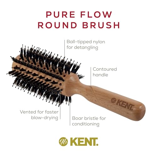 Kent LPF5 Pure Flow Large Vented Round Brush for Blow Drying - FSC Certified Beech Wood Brush Filled with Natural Boar Bristle and Nylon Bristle Hair Brush - Round Hair Brush for Blow Drying and Lift