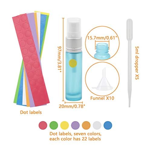 Ellbest 10ml Glass Spray Bottle Fine Mist Spray Bottles Perfume Atomizer for Travel, Cleaning (10Matte Blue Bottles &5 Droppers &10 Funnels& Dot Labels)