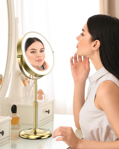 7" Lighted Makeup Mirror 10X Magnification, Height Adjustable, Gold