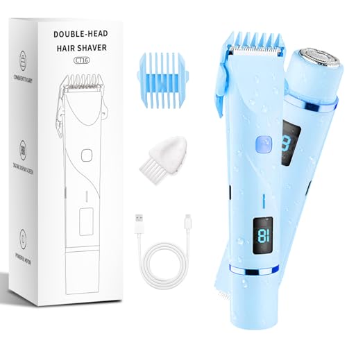 Bikini Trimmer for Women, 2 in 1 Electric Razors for Women Pubic Hair, IPX7 Waterproof Dual Head Bikini Shaver with LED Display, Rechargeable Electric Trimmer (Blue)