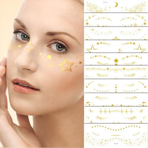 Gold Glitter Star Freckles Tattoo Stickers - 10Pc Waterproof Patches