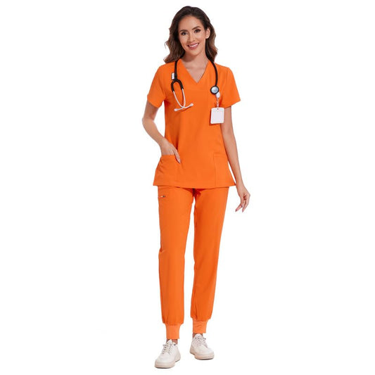 COZYFIT Scrubs for Women Set - Stretch V-Neck Scrub Top & Jogger Pant with 8 Pockets, Yoga Waistband, Anti Wrinkle, Slim Fit Women Scrubs - Orange, XS