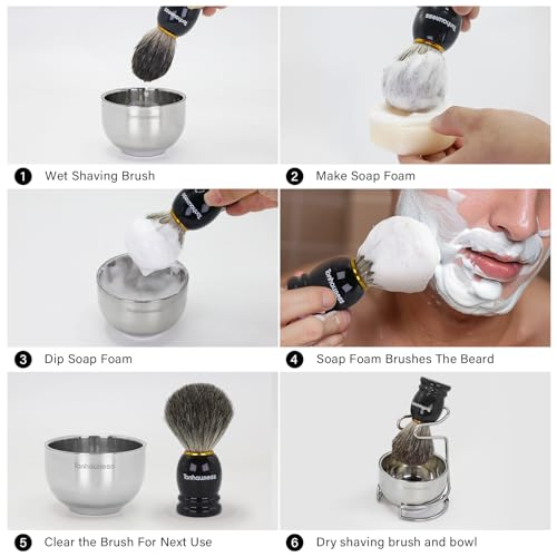 Shaving Brush Kit for Men, 4 in 1 Shaving Brushes Set Includes Badger Hair Shave Brush, Stainless Steel Shaving Bowl&Stand and Goat Milk Flavor Shaving Soap