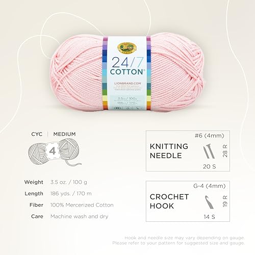 Lion Brand 24/7 Cotton Yarn, Lightweight Yarn for Knitting, Crocheting, and Crafts, Lemonade, 1 Pack