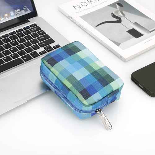 E-Tree Cute Small Makeup Bag,Cosmetic Toiletry Make up Little Items Pouch for Purse,Zipper Mini Tech Charger Cable Electronic Organizer Case,Travel Accessories for Women Men Teen,Blue Checkered