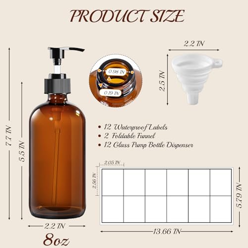 12 Pack Amber Glass Bottles 8oz with Pump Dispensers, Refillable Empty Pump Bottles for Bathroom, Kitchen, Shampoo, Soap, Lotion ? Includes 2 Funnels & 12 Labels