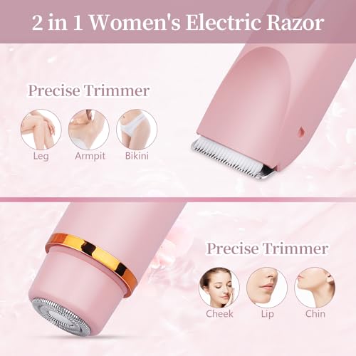 Ladies Electric Razor, 2 in 1 Dual Head Shaver Women, Bikini Trimmer for Women Personal Body Face Leg Arm Hair USB Charge Waterproof Wet and Dry (Pink)
