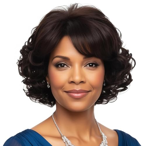 Dark Brown Curly Wig with Bangs - Short Synthetic Hair for Women