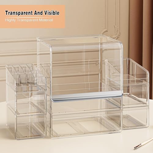 Makeup Organizer for Vanity With Lid, Stackable Cosmetics Organizer and Storage,Dustproof Clear Acrylic Makeup Organizer (Large + Drawer box + Lipstick Organizer)