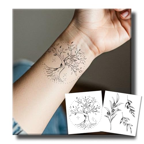 2 Sheets Long Lasting Olive Temporary Fake Tattoos For Women Arm Hand Neck,World Tree Semi Permanent Tattoo For Adults Girl,Realistic, Waterproof and Non-Reflective