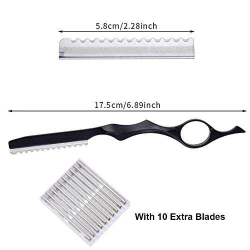11Pcs Hair Styling Thinning Razor Set - 1 Razor, Thinning Comb, Texturizing Cutting Razor and 10 Replacement Stainless Steel Blades for Salon & Home Use (Black)