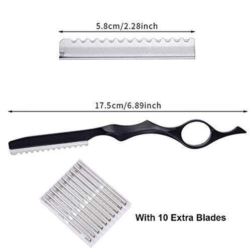 11Pcs Hair Styling Thinning Razor Set - 1 Razor, Thinning Comb, Texturizing Cutting Razor and 10 Replacement Stainless Steel Blades for Salon & Home Use (Black)
