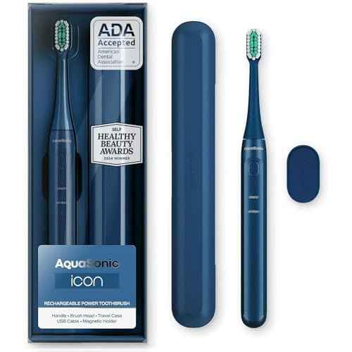 Aquasonic Icon ADA-Accepted Rechargeable Toothbrush | Magnetic Holder & Slim Travel Case | 2 Brushing Modes & Smart Timers | Gentle Micro-Vibrations (Navy)