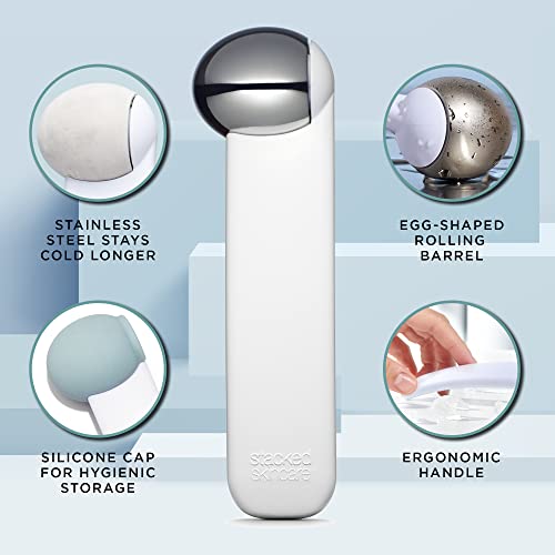 StackedSkincare Cryo Sculpting Ice Roller for Face & Eyes Stainless Steel Facial Ice Roller for Puffiness, Redness & Cooling Facial Massage Designed by an Aesthetician