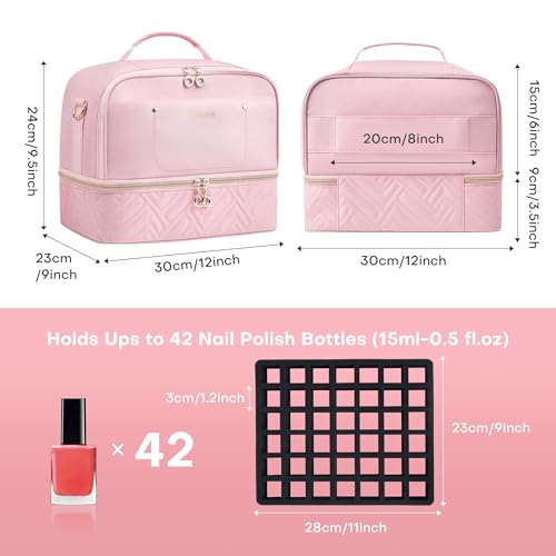 Leudes Nail Polish Organizer and Storage Holder 42 Bottles&Manicure Kit &Nail Lamp,Nail Stuff Bag Organizer Travel Case for Nail Tech Supplies Accessories Manicure Tools (Pink)