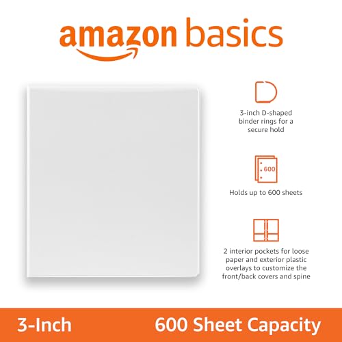 Amazon Basics Economy 3 Ring Binder, 3" D-Ring, 2-Pack, White