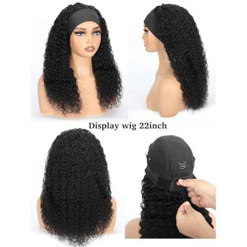 Water Wave Headband Wig Human Hair 14inch Curly Drawstring Headband Wigs Human Hair Wear and Go Glueless Wigs for Black Women Brazilian Virgin Hair 220 Density Natural Color