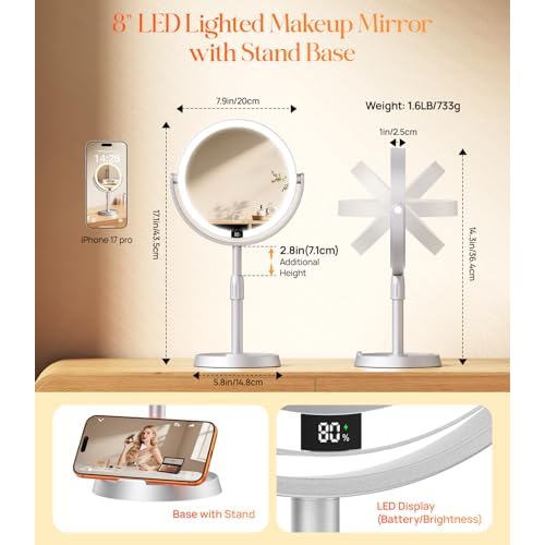 Gospire 8¡± Lighted Makeup Mirror with Lights and Magnification, 20X Magnifying Mirror with Light for Makeup Desk, Height Adjustable and Digital Display, Shaving Mirror for Bathroom, Gifts for Women