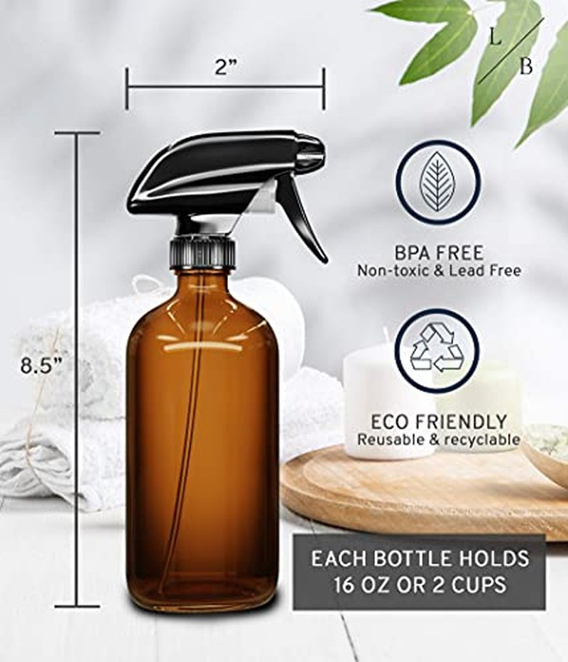 LiBa 16oz Amber Glass Spray Bottles - 2 Pack with Adjustable Nozzle