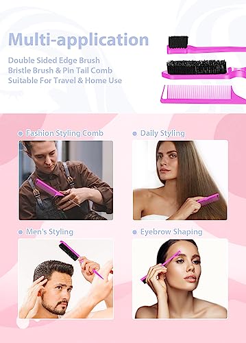 Hair Wax Stick, Edges Brush, Rat Tail Comb, Bristle Brush Set 4Pcs, Wax Stick for Hair & Wig Flyaways, Slick Back Hair Brush for Smooth Hair & Baby Hair Edge Control & Tame Frizz