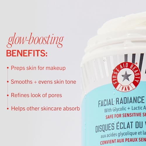 First Aid Beauty - Facial Radiance Pads with Glycolic & Lactic Acids, Daily Exfoliating Pads with AHA, Visibly Smaller Pores, Help Tone & Brighten Skin, One-Step Makeup Prep, Compostable, 90