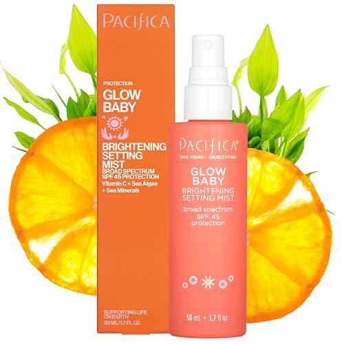 Pacifica Setting Spray Glow Baby Brightening Mist, Broad Spectrum SPF 45, UVA/UVB Protection, Blue Light Protection, Facial Mist, Suncare, Skin Care, Vegan, 1.7 fl oz (1 Count)