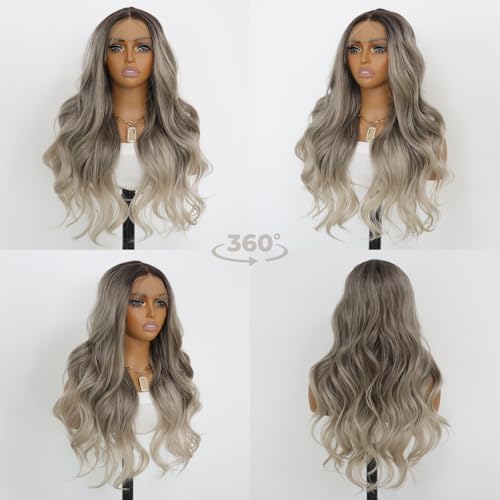 Ash Gray Wavy Synthetic Wig 3 Tone Ombre Grey 13¡¿4 Lace Front Wigs Heat Resistant Fiber Wig for Women 24 Inches 150 Density