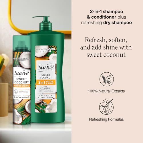 Suave Sweet Coconut Shampoo and Conditioner 2-in-1 + Dry Shampoo for Women ? Gentle Formulas with 100% Natural Botanical Oil