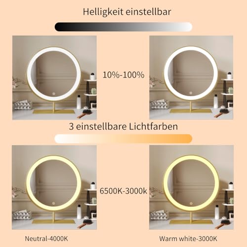 Vanity Mirror Makeup Mirror with Stand,15.8" Round Vanity Mirror, LED Lights, Smart Touch 360¡ÆRotation, Dimmable White (Golden)