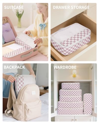 Narwey 7-Piece Checkered Packing Cubes Set for Travel - Dusty Pink