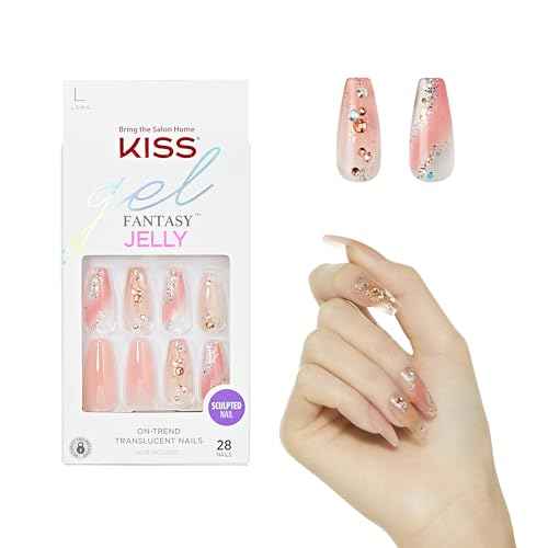 KISS Jelly Fantasy Press On Nails, Nail glue included, 'Jelly Cat', Multicolor, Long Size, Coffin Shape, Includes 28 Nails, 2g glue, 1 Manicure Stick, 1 Mini File
