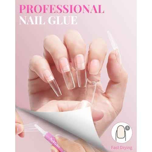 MORGLES Clear Acrylic Nail Tips, 500 Pcs French Nail Tips Square Half Cover with Glue, Clipper, Files and Cuticle Fork for Salons and Home DIY