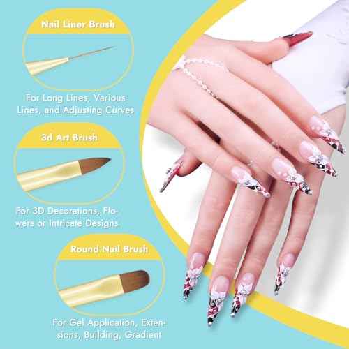 Finea Nail Art Brushes and Dotting Tools 6pcs Set for Builder Gel Polygel Gel Polish Paint Design with Flat, Round, Thin Liner, French Tip, Small Detail Painting, 3D Acrylic Flower Brushes, Gold Blue