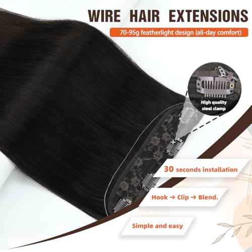 Invisible Wire Hair Extensions Real Human Hair - 12 Inch 70G Light Brown Transparent Fish Line Clip-Ins Hair Piece, 100% Remy Human Hair Extensions for Women