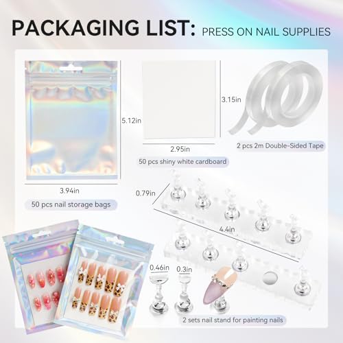 50 PCS Nails Packaging Bags with Nail Stand for Fake Nail, Holographic Press On Nail Storage Container Nail Art Kit for Diy Design,Nail Cardboards with 2 Double-sided Adhesive Tape Salon Home