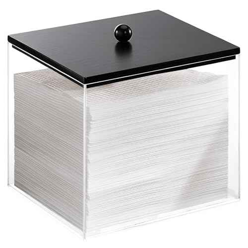 Puricon Acrylic Disposable Facial Towels Holder, Clear Storage Bin with Wood Lid Compatible with Clean Skin Club Towel (NOT Included), Face Towelettes Container for Bathroom Counter -Black