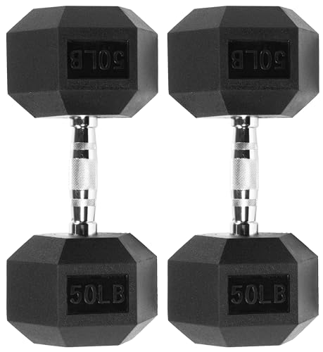 Signature Fitness Rubber Encased Hex Dumbbell, 50LB Pair