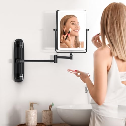 Wall Mounted Lighted Makeup Mirror, Rectangle Double Sided 1X/10X Magnifying Bathroom Height Adjustable Mirror, 6000mAh Rechargeable 3 Color and Dimmable Lights, 360 Rotation Shaving Vanity Mirror
